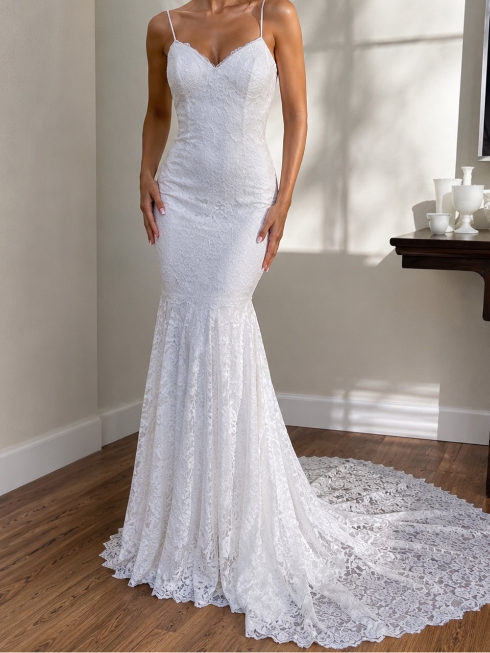 White Stretch Lace Mermaid Wedding Dress with Train | Size 8 (Fits 4–6) | NWOT